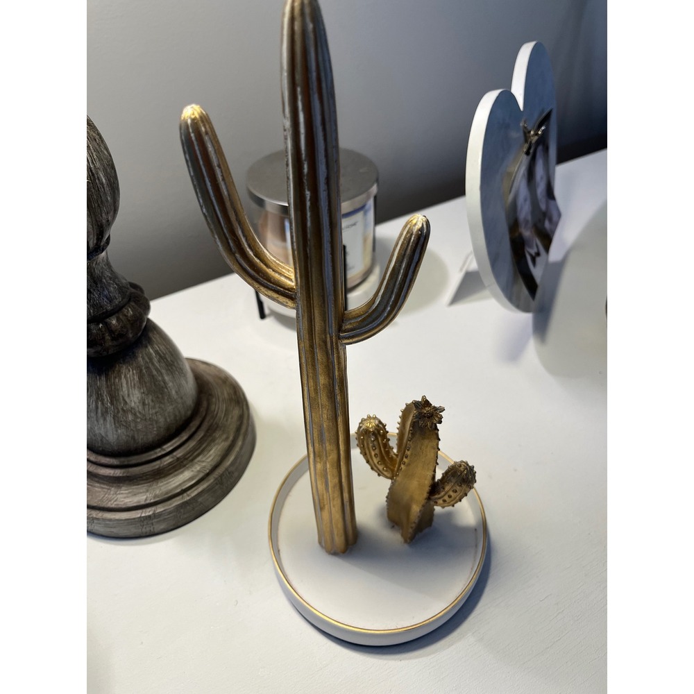 Gold Saguaro Cactus Jewelry Stand Trinket Tray Ring Holder Desert Decor White